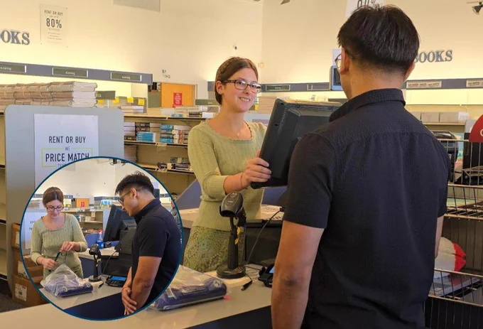 A student buying their cap and gown at the bookstore with a magnified picture of the clerk and student looking at the tassel