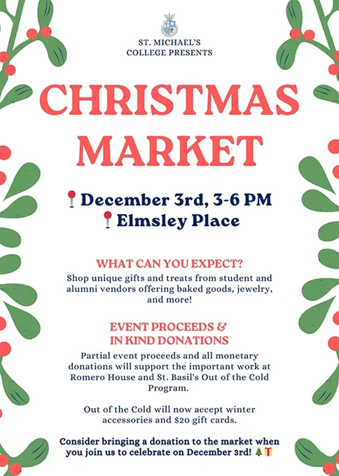 Christmas Market - December 3, 3-6 p.m. Elmsley Place
Shop unique gifts and treats from student and alumni vendors offering baked goods, jewelry and more