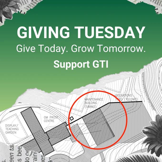 Promotional graphic for Giving Tuesday, featuring a call to 'Give Today. Grow Tomorrow. Support GTI.' The background is a stylized map with a section circled in red.
