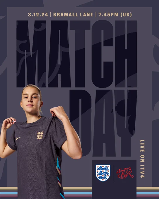 Matchday graphic with Alessia Russo in an England shirt. England vs Switzerland, Bramall Lane, 7.45pm KO, live on  ITV4.