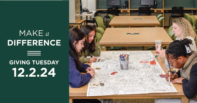 Graphic for 12/2/24 Giving Tuesday showing students in Makerspace.
