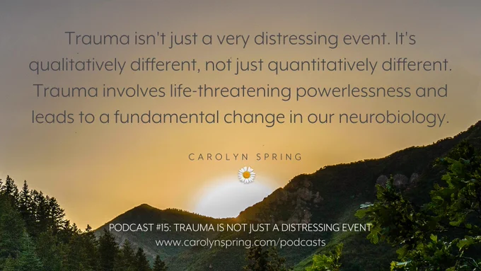"Trauma isn't just a very distressing event. It's qualitatively different, not just quantitatively different. Trauma involves life-threatening powerlessness and leads to a fundamental change in our neurobiology."