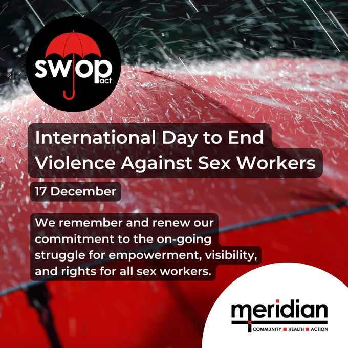 Graphic shows the SWOP and Meridian logo over a red umbrella with heavy rain hitting it. Text in tile repeated in caption.