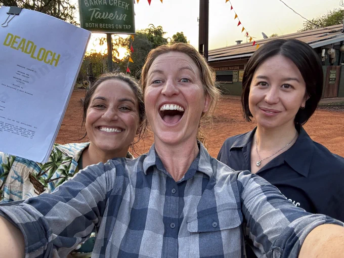 Deadloch's Madeleine Sami, Kate Box and nina Oyama bts picture of then wrapping up S2. 