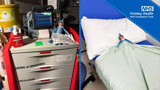 Medical equipment on a cart and an elf lying in a hospital bed, with NHS Frimley Health Foundation Trust logo visible.