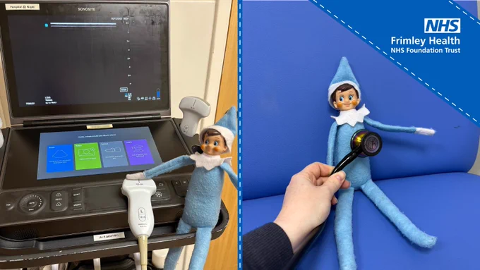 Image split in two sections. On the left, an ultrasound machine with a monitor displaying a blank scan screen. On the right, a toy elf holding a stethoscope against a poster marked with the NHS Frimley Health Foundation Trust logo.