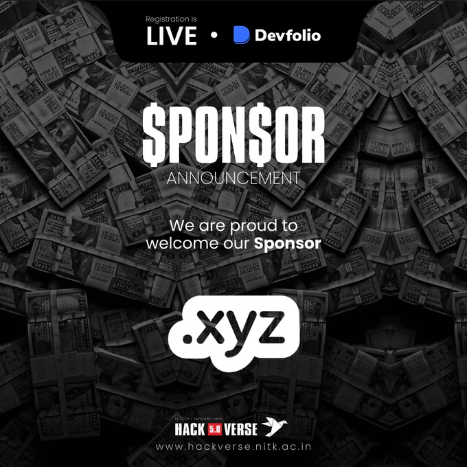 HackVerse 5.0 greets @xyz as its sponsor! 🥳

.xyz is the domain that’s giving everyone, everywhere a platform to express themselves online. With a focus on innovation and creativity, .xyz is paving the way for the next generation of the internet.

Check them out 👉 https://gen.xyz/

Register for HackVerse 5.0 now at : https://hackverse.nitk.ac.in/