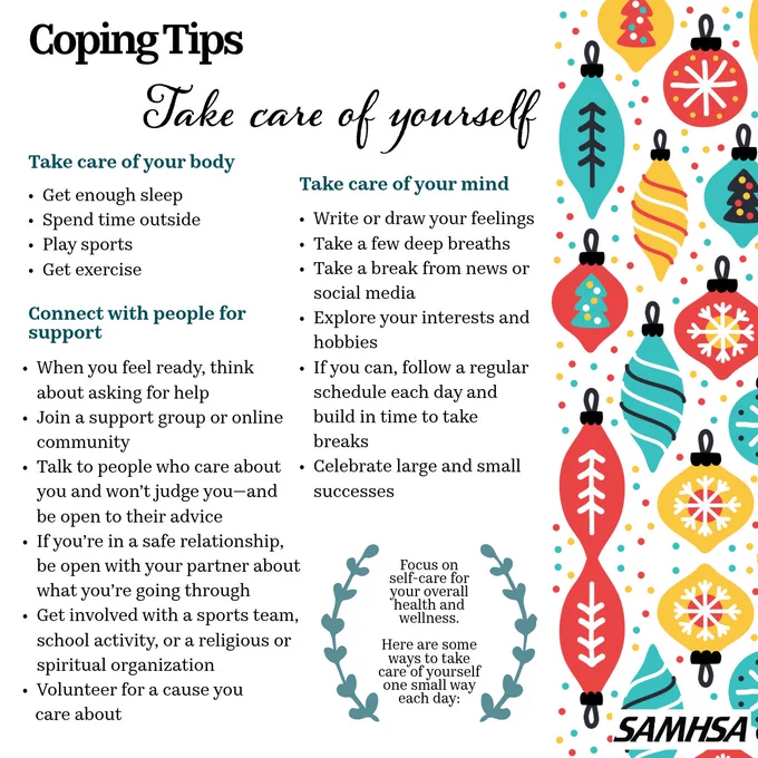 Infographic titled 'Coping Tips - Take care of yourself' with advice on managing stress and maintaining mental health, such as getting enough sleep, connecting with supportive people, and writing or drawing feelings. The image is decorated with colorful holiday theme images.