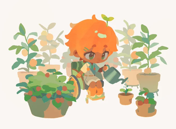 a drawing/painting of @sproutwiki's Vtuber "SPROUT" in a chibi style, surrounded by orange and tomato plants, watering a small sprout in a pot. 