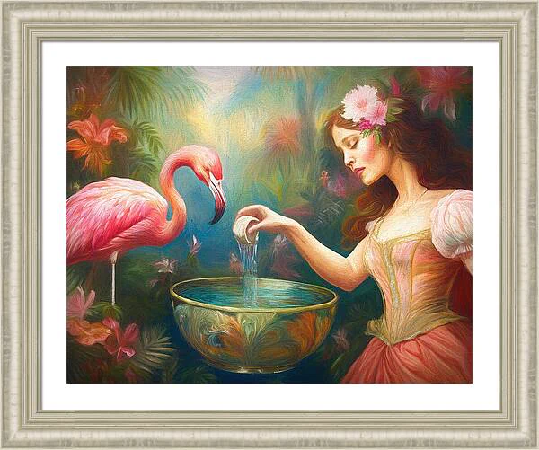 Step into the lush beauty of Old Florida with this captivating oil painting. A woman with cascading brown hair, adorned with delicate white blossoms, kneels gracefully in a flowing gown, extending a bowl of water to a flamingo. The setting is a symphony of vibrant hues, intricate patterns, and lush natural details, capturing the spirit of early 20th-century design. The silk-painting-inspired textures and contemporary modern aesthetics make this piece a radiant tribute to the connection between humanity and nature.

© Susan Rydberg