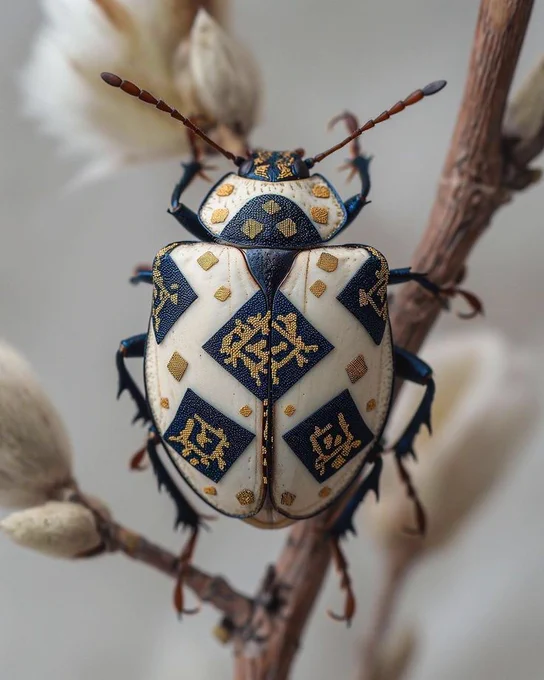 This is an image of a pleasing fungus beetle, likely the species Cypherotylus californicus, also known as the blue fungus beetle. 
Key features:
Color:
The beetle exhibits a striking combination of blue, black, and white on its wing covers (elytra), with the blue areas tending to turn gray as the beetle ages. 
Size:
These beetles typically measure around 1.4 - 1.8 cm in length. 
Markings:
The elytra are adorned with distinctive black dots, and a rectangular black marking runs along the outer edge. 
Habitat:
These beetles are commonly found in forested areas, feeding on fungi that grow on decaying logs. 
Distribution:
This species is native to western North America, including states like Wyoming, Colorado, Arizona, and California. 
