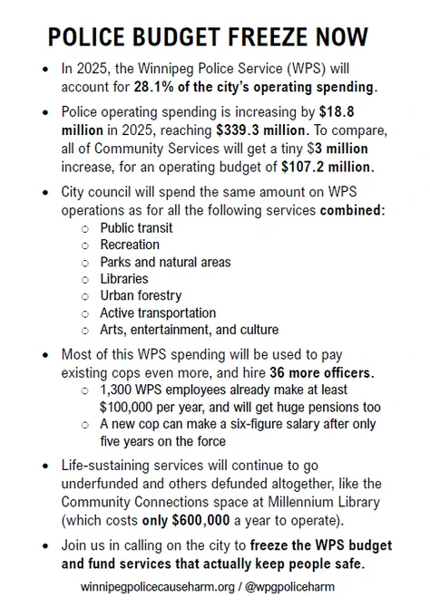 Screenshot of leaflet. The heading reads "Polic budget freeze now." There  are 6 main points below it detailing the various aspects of the police budget.
