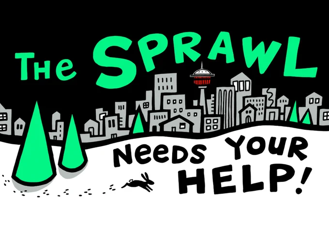 Drawing of a nighttime Calgary skyline with snow, pine trees, and a rabbit running in the snow. Text says, "The Sprawl needs your help!"