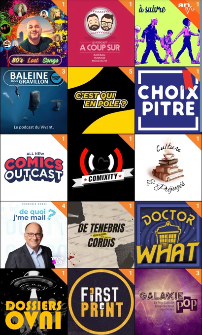 Capture d'écran de l'application Podcast addict 
80'slost songs 
A coup sûr 
A suivre 
Baleine sous gravillon 
C'est qui en pole 
Choixpitres
Comics outcast
Comixity 
Culture et préjugés 
De quoi j'me mail
De tenebris cordis
Doctor What
Dossier OVNI
First Print 
Galaxie Pop