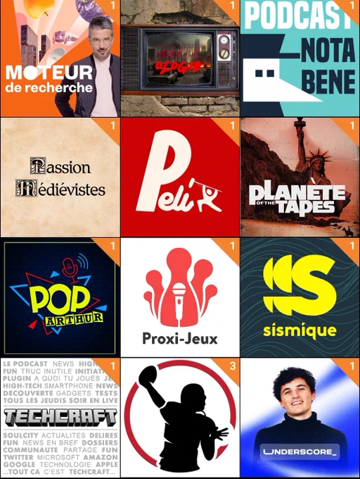 Capture d'écran de l'application Podcast addict
Moteur de recherche 
Nanarologie 
Nota bene 
Passion médiévistes 
Peli 
Planète of the tapes
Pop Arthur 
Proxi-jeux
Sismique
Techcraft
TD Actu
Underscore
