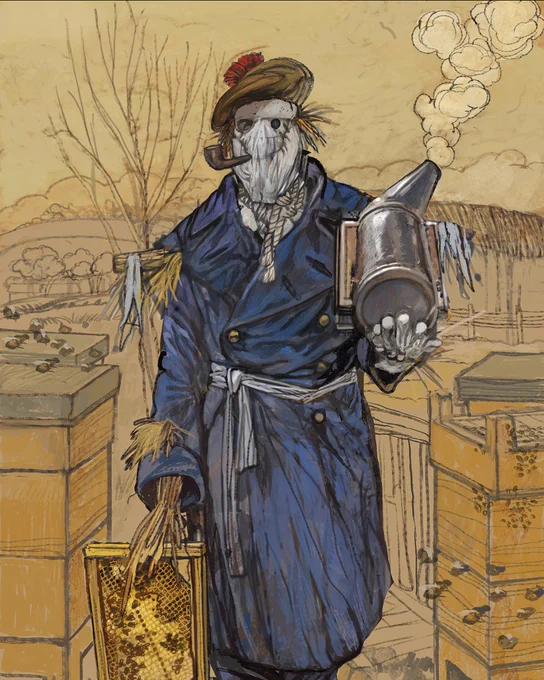 An illustration of an animated scarecrow smoking a pipe, holding a kettle at the boil, and tending to hives of bees.