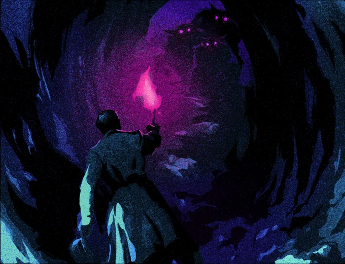 An illustration of a man in a long coat holding up a flaming torch that fills a shadowy cave with pink light, revealing dark shapes with glowing eyes of the same pink.