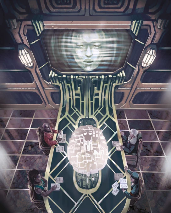 An illustration of people seated around a long table in art deco style, with a projection of a city between them and a mask-like face on a large screen above.
