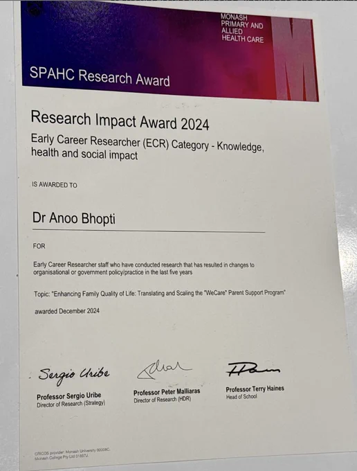 A certificate of SPAHC Research Impact awards to Dr Anoo Bhopti