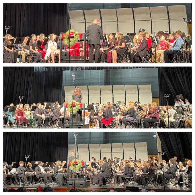 A pic collage of three different bands (6th, 7th/8th, and high school) on stage, getting ready to perform at their winter concert.