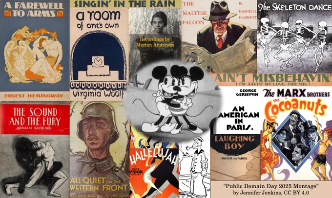 Montage of materials moving into the public domain in 2025