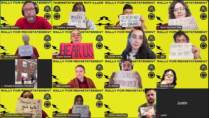 Picture of zoom rally- People in zoom boxes with line green backgrounds holding signs. Background text- Rally for reinstatement
