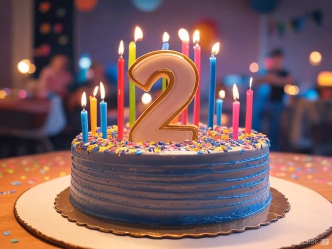 Birthday cake covered in candles and the number 2.