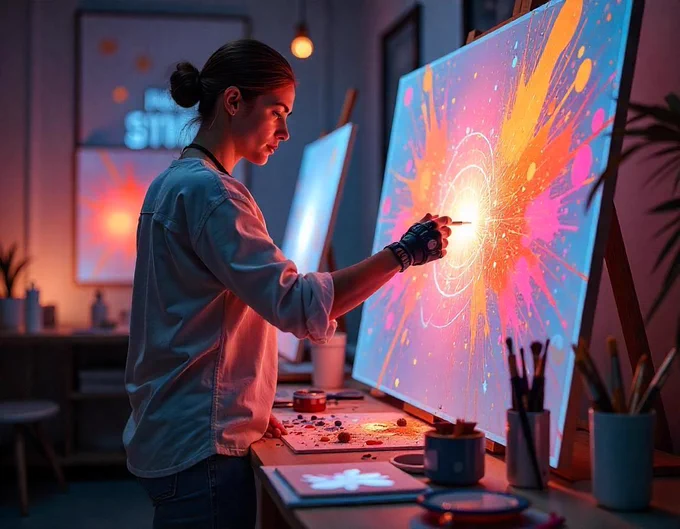 A person with a bun hairstyle is painting in a dimly lit studio. The artwork features vibrant splashes of orange, pink, and blue on a canvas. The person is holding a paintbrush with a glowing tip, suggesting a futuristic, digital art tool. Various art supplies, including a cup with brushes and a palette, are on the table in front of them. In the background, another glowing artwork is visible on an easel.