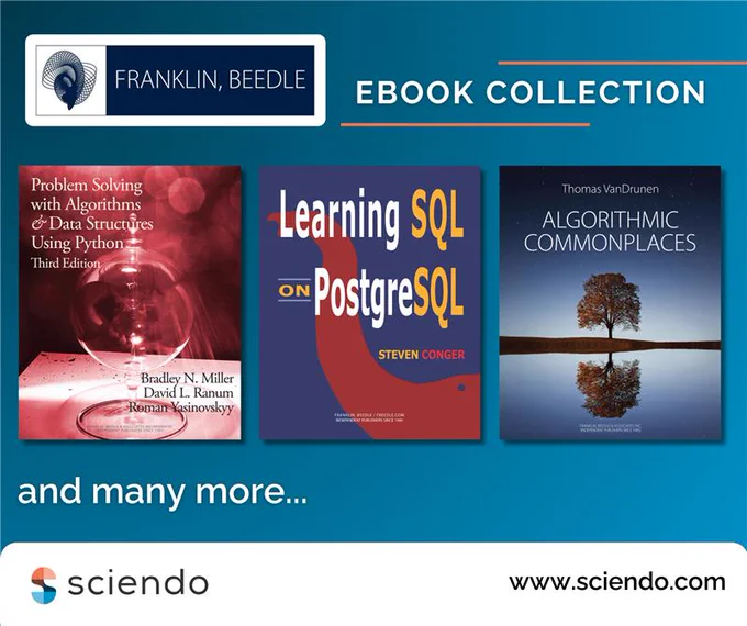 Franklin, Beedle ebook collection featuring titles on algorithms, SQL, and programming, alongside the Sciendo logo and website link.