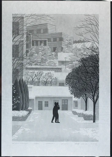 A black and white multi-block woodcut showing a Chinese urban landscape in the snow. Showing buildings and trees and the outline of 2 figures in black. 