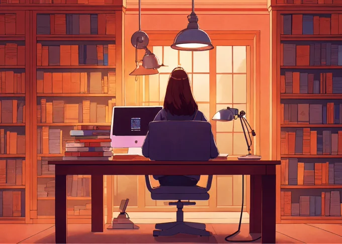An illustration of a students in a library using a desktop computer