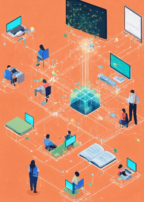An illustration of people sat at desks with data flow connections between them. There is a central cube with a screen.