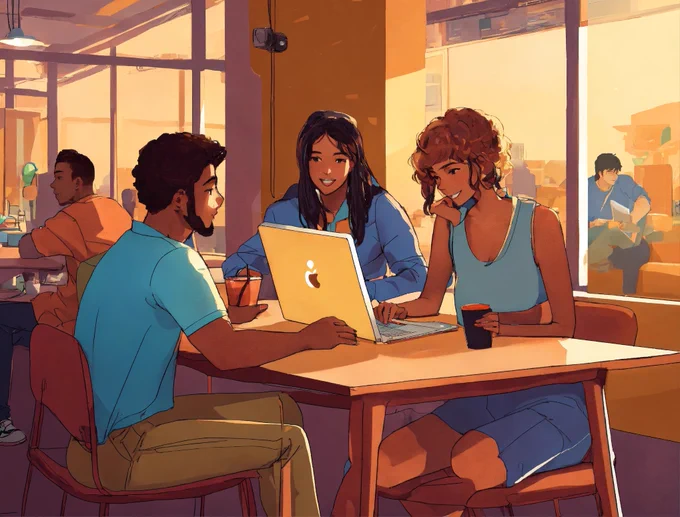 An illustration of young people at a cafe grouped around a laptop chatting