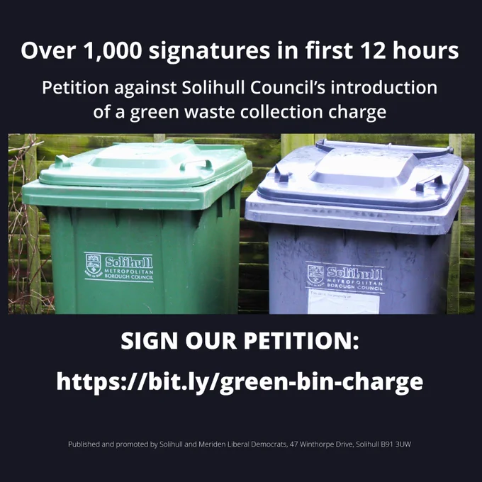 Over 1,000 signatures in first 12 hours. Petition against Solihull Council's introduction of a green waste collection charge.
Sign our petition: https://bit.ly/green-bin-charge 
