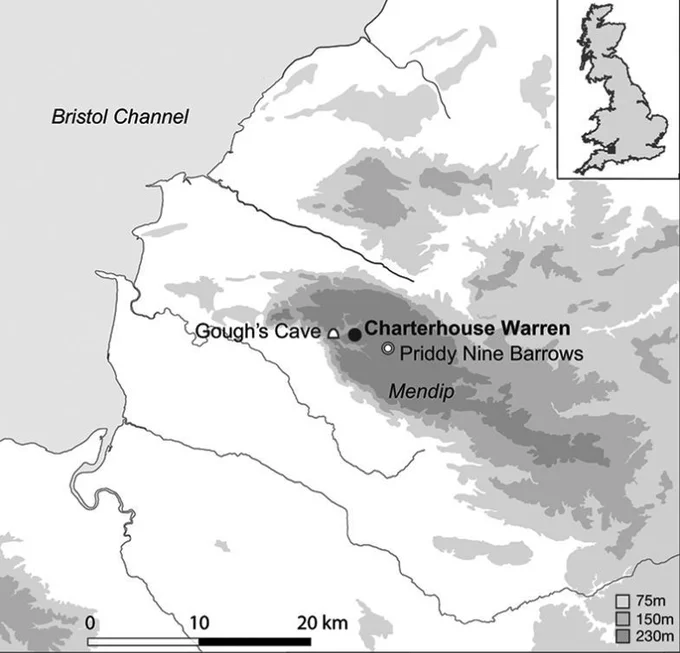 Map showing the location of Charterhouse Warren, Mendip, Somerset.