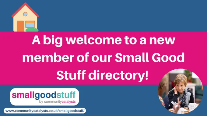 Picture of a house and woman sat at a desk with text reading 'a big welcome to a new member of our Small Good Stuff directory!'