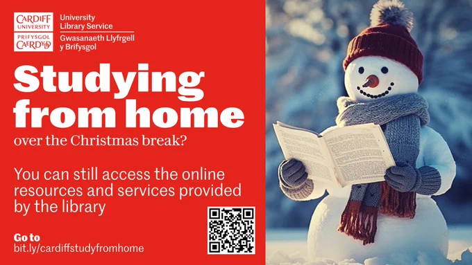 A snowman reading a book alongside the text - Studying from home over the Christmas break? You can still access the online resources and services provided by the library.