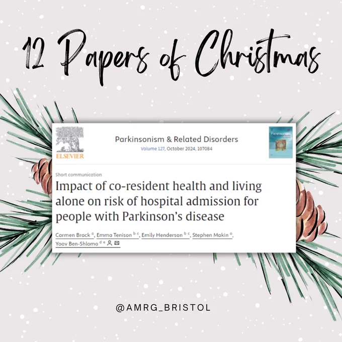 A festive background with a screenshot of a journal article titled 'Impact of co-resident health and living alone on risk of hospital admission for people with Parkinson’s disease'