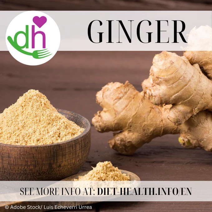 There is a fresh ginger root and a bowl of ground ginger powder on a wooden table
