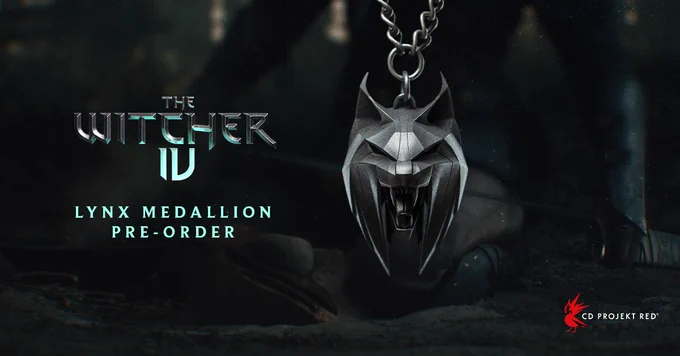 A promotional graphic featuring a photo of The lynx medallion, as seen in the Cinematic Reveal Trailer for The Witcher 4, which is now available for pre-order. The medallion displays a lynx’s face with an open mouth, its sharp teeth visible.