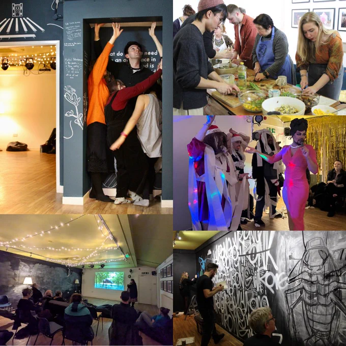 A square collage of 5 photos showing (clockwise) a group of people moving together in an alcove space, people cutting and preparing vegetables for dumpling fillings, Rhys’ Pieces showcasing 3 members of the audience dressed up in Santa hats and loo roll, 3 artists painting onto a black chalk wall and people sitting on chairs, sofas and beanbags about to watch a movie.