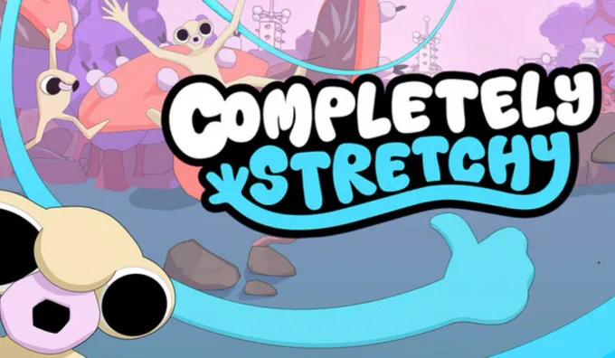 Title screen of Completely Stretchy with a blue stretchy arm giving a thumbs up.