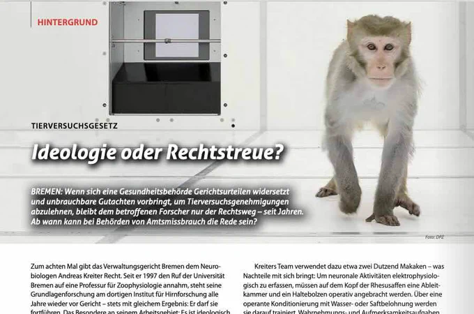 Foto: Ein Makake in einem Labor-Versuchsraum läuft auf den Betrachter zu. Im Foto Überschrift "Tierversuchsgesetz – Ideologie oder Rechtstreue?" sowie der Vorspann des im Post verlinkten Artikels. Darunter angeschnitten die ersten Zeilen des Artikeltexts.
