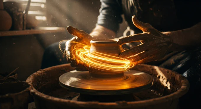 Prompt: An extreme close-up of a craftsperson's hands shaping a glowing piece of pottery on a wheel. Threads of golden, luminous energy connect the potter’s hands to the clay, swirling dynamically with their movements.