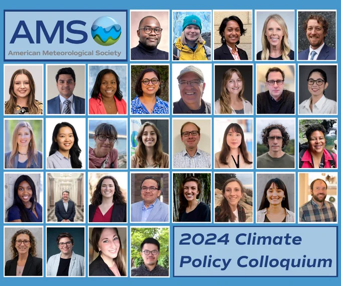Image shows a grid of images featuring the 2024 cohort of the AMS Climate Policy Colloquium.  The AMS logo is in the upper left corner of the image, and the name of the event (2024 Climate Policy Colloquium) is in the lower right corner.