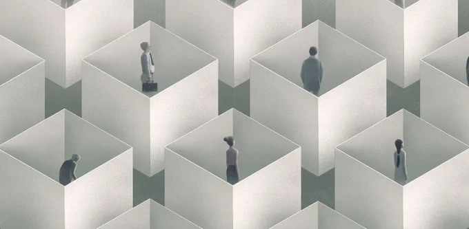 White boxes or cubicles with images of people illustrating the concept of loneliness.
