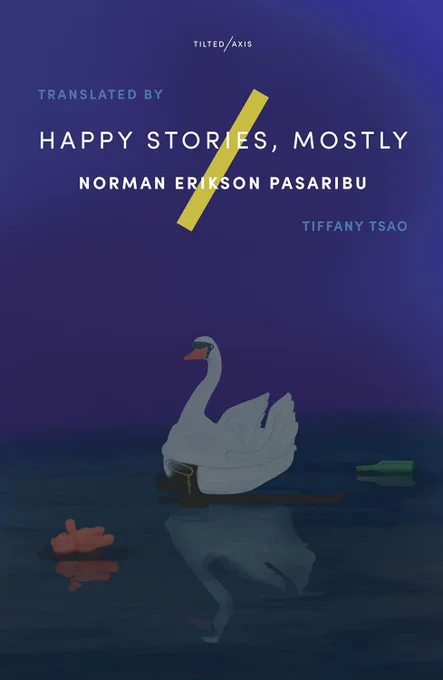Cover with white swan on dark green water, title and author and translator on violet sky background.