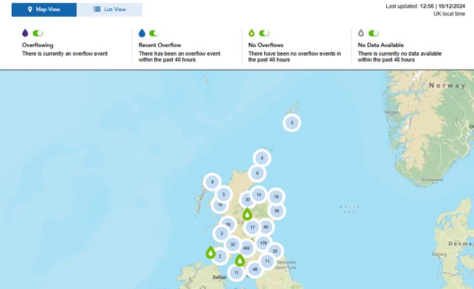 Screenshot of the overflow map of Scotland from Scottish Water website