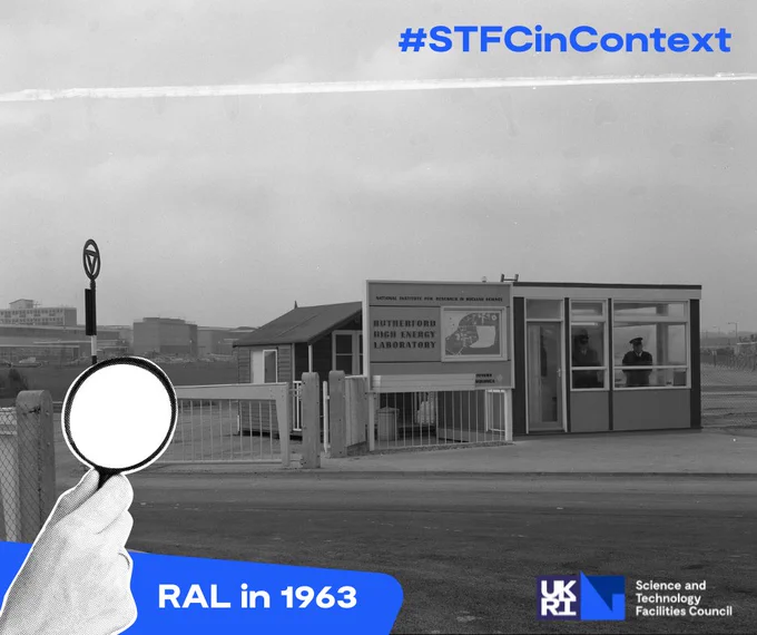 Black and white photo of a military checkpoint with a sign that reads "Rutherford High Energy Laboratory." The text reads "STFC in Context and RAL in 1963"