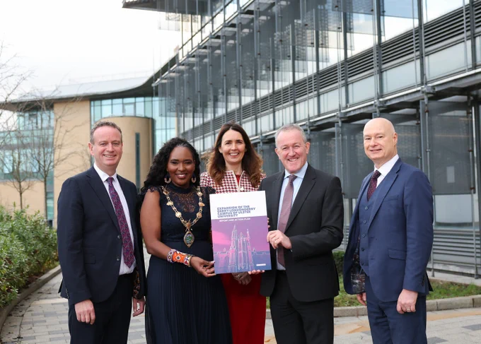 Pictured at Ulster University's Derry~Londonderry campus at the launch of the Magee Expansion Taskforce's final report and Action Plan are (l-r) Stephen Kelly, Chair of the Magee Taskforce; Cllr Lilian Seenoi Barr, Mayor of Derry City and Strabane District Council; Nicola Skelly, Vice Chair of the Magee Taskforce; Economy Minister Conor Murphy; and Professor Paul Bartholomew, Vice-Chancellor of Ulster University.